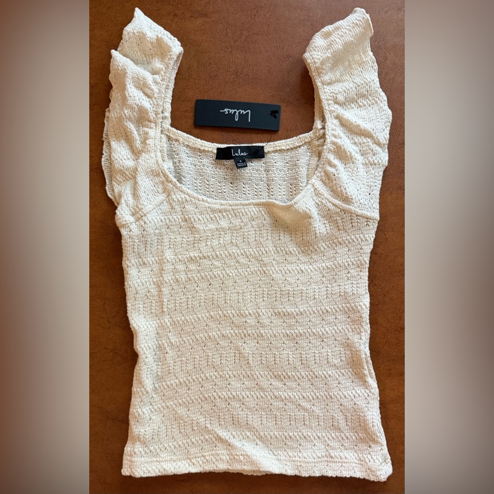 Lulus Carefree Persona Cream Pointelle Knit Flutter Sleeve Top Size Small NWT - Picture 2 of 6